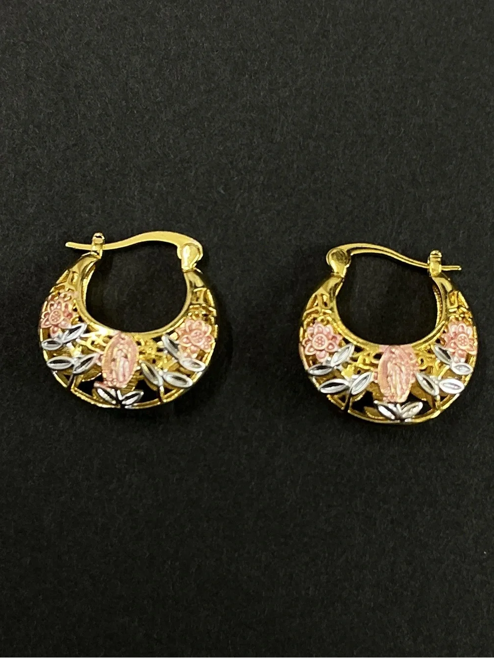 18 Gold  filled lady of Guadalupe Floral Hoop Earrings